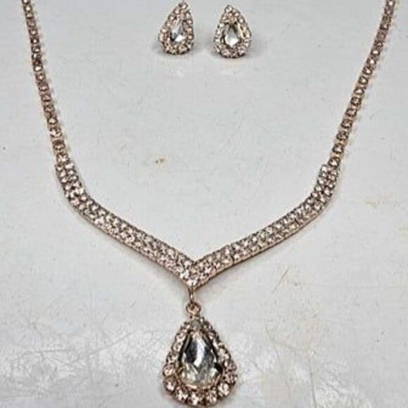 Rose Gold Teardrop Halo Rhinestone Tennis Necklace and Earring Jewelry Set 18"L - Picture 1 of 6